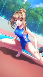 Rule 34 | 2girls, :d, bare legs, barefoot, blue one-piece swimsuit, blue sky, blurry, blurry background, blush, breasts, brown eyes, brown hair, collarbone, competition school swimsuit, competition swimsuit, day, doukyuusei another world, game cg, hair between eyes, hair intakes, kakyuusei 2, large breasts, lens flare, long hair, multiple girls, official art, one-piece swimsuit, open mouth, outdoors, poolside, saimon tamaki, school swimsuit, shiny skin, sky, smile, solo focus, sparkle, stretching, swimsuit