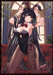 Rule 34 | 1girl, animal ears, armpits, arms up, bare shoulders, black footwear, black hair, black leotard, bow, bowtie, breasts, brown pantyhose, cleavage, clothing cutout, couch, covered navel, detached collar, fake animal ears, fake tail, fishnet pantyhose, fishnets, hair bow, high heels, highleg, highleg leotard, highres, indoors, kneeling, kurousagi yuu, large breasts, latex, leg tattoo, leotard, long hair, looking at viewer, mole, mole on armpit, on couch, original, pantyhose, parted lips, playboy bunny, rabbit ears, rabbit pose, rabbit tail, red eyes, smile, solo, strapless, strapless leotard, tail, tattoo, two side up, underboob cutout, very long hair, wrist cuffs