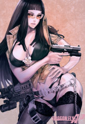 Rule 34 | 1girl, belt, belt skirt, bikini, black hair, blunt bangs, breasts, chain, cleavage, commentary, commentary request, dragon fly, fishnet thighhighs, fishnets, fn five-seven, gun, hand on own hip, handgun, highres, holding, holding gun, holding weapon, holster, large breasts, lips, long hair, maeshima shigeki, mole, mole under mouth, orange-tinted eyewear, orange-tinted glasses, panties, pdw-caliber pistol, pistol, pouty lips, revision, sara (dragon fly), safety glasses, solo, sunglasses, swimsuit, thigh holster, thigh strap, thighhighs, thong, tinted eyewear, trigger discipline, underwear, weapon, yellow-tinted eyewear