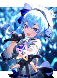 Rule 34 | 1girl, belt, belt buckle, beret, black gloves, blue hair, blue necktie, bracelet, buckle, choker, collar, crown, gloves, grey hat, hair between eyes, hair ornament, hat, holding, holding microphone, hololive, hoshimachi suisei, hoshimachi suisei (1st costume), izumi sai, jewelry, long sleeves, looking at viewer, medium hair, microphone, music, nail polish, necktie, one side up, open mouth, partially fingerless gloves, singing, solo, sparkle, star (symbol), teeth, upper body, upper teeth only, virtual youtuber, white collar