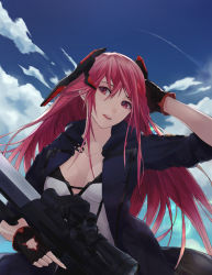 Rule 34 | 1girl, anti-materiel rifle, barrett m82, black gloves, blue jacket, blue sky, breasts, cloud, collarbone, fingerless gloves, from behind, girls&#039; frontline, gloves, gun, hand in own hair, highres, holding, holding weapon, jacket, long hair, looking at viewer, m82a1 (girls&#039; frontline), medium breasts, ne.corn, open clothes, open jacket, open mouth, pink eyes, pink hair, rifle, sky, sniper rifle, solo, weapon