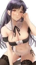 Rule 34 | 1girl, black hair, black panties, black thighhighs, blush, breasts, brown eyes, cleavage, closed mouth, commentary request, detached collar, ear piercing, hand in own hair, highres, lips, long hair, looking at viewer, maid, medium breasts, navel, original, panties, piercing, side-tie panties, sidelocks, simple background, skindentation, solo, thighhighs, underwear, white background, yukino cg