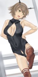 Rule 34 | 10s, antennae, artist request, breasts, brown hair, cleavage, cleavage cutout, clothing cutout, front zipper swimsuit, green eyes, kantai collection, kneehighs, meme attire, mutsu (kancolle), one-piece swimsuit, short hair, socks, swimsuit, unzipped, zipper