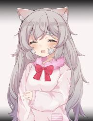 Rule 34 | 1girl, :d, ^ ^, animal ear fluff, animal ears, bandaid, bandaid on face, bow, cat girl, closed eyes, commission, closed eyes, gauze, highres, long hair, long sleeves, mushokurori, nightgown, open mouth, original, pocket, silver hair, skeb commission, sleepwear, sleeves past wrists, smile