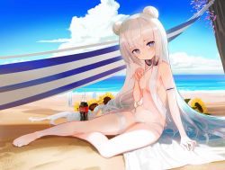 Rule 34 | + +, 1girl, :o, absurdres, arm garter, azur lane, bare legs, bare shoulders, barefoot, beach, beach towel, bikini, blue eyes, blue sky, breasts, cleavage, cloud, cola, day, double bun, drinking straw, flower, full body, glass bottle, hair bun, hammock, hand on own chest, headphones, headphones around neck, highres, le malin (azur lane), le malin (mercredi at the secret base) (azur lane), leiq, long hair, looking at viewer, ocean, on ground, outdoors, parted lips, sand, silver hair, sitting, sky, small breasts, solo, sunflower, surfboard, swimsuit, thigh strap, towel, very long hair, white bikini, yellow flower