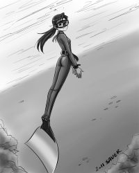 Rule 34 | 1girl, bad id, bad pixiv id, bodysuit, diving mask, diving suit, freediving, goggles, greyscale, long hair, monochrome, monofin, ocean, original, ponytail, saver (artbysaver), saver (artist), simple background, smile, solo, underwater, water, wetsuit