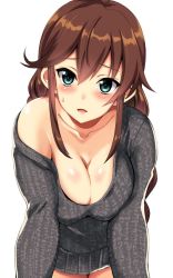 Rule 34 | 10s, 1girl, bare shoulders, blush, breasts, brown hair, cleavage, collarbone, green eyes, kantai collection, kyogoku shin, large breasts, leaning forward, long hair, looking at viewer, naked sweater, navel, noshiro (kancolle), off shoulder, open mouth, shiny skin, simple background, smile, solo, sweatdrop, sweater, white background