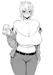 Rule 34 | 1girl, bare shoulders, beer can, belt, blush, breasts, can, cleavage, collarbone, commission, cowboy shot, curvy, denim, drink can, highres, huge breasts, jacket, jeans, legs together, looking at viewer, midriff, monochrome, navel, no bra, norman maggot, nose blush, off shoulder, original, pants, shirt, short hair, simple background, sketch, smile, solo, standing, stomach, strap slip, sweat, tank top, thick thighs, thighs, vella (debaucheryninja), white background, wide hips