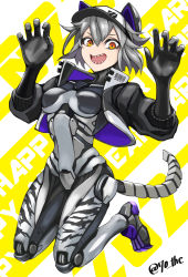 Rule 34 | 1girl, animal print, barcode, baseball cap, chinese zodiac, claw pose, commentary request, cropped jacket, cyborg, full body, grey hair, hat, highres, mechanical ears, mechanical tail, orange eyes, original, sharp teeth, short hair, signature, solo, sunao (70 the), tail, teeth, tiger print, two-tone background, white background, year of the tiger, yellow background