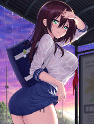 Rule 34 | 1girl, arm up, bag, black bra, blush, bra, bra visible through clothes, bralines, breasts, brown hair, bus stop, cowboy shot, fingernails, from side, green eyes, half-closed eyes, hand up, highres, ivenglynn, charm (object), large breasts, long hair, long sleeves, looking at viewer, original, outdoors, parted lips, pink sky, pleated skirt, purple sky, rain, red neckwear, sailor collar, school uniform, see-through, shirt, skirt, sky, standing, sunset, underwear, wet, wet clothes, wet hair, wet shirt, wristband