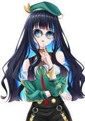 Rule 34 | 1girl, absurdres, bare shoulders, beret, black hair, blue hair, bracelet, colored inner hair, fate/grand order, fate (series), glasses, hat, highres, jacket, jewelry, long hair, looking at viewer, looking over eyewear, multicolored hair, neck ring, open mouth, round eyewear, solo, sunglasses, tenochtitlan (fate), tenochtitlan (second ascension) (fate), two-tone hair, white background