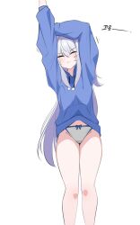 Rule 34 | 1girl, arm up, blue archive, blue hoodie, blush, closed eyes, closed mouth, dressing, feet out of frame, grey hair, groin, hair between eyes, highres, hood, hood down, hoodie, jahe (73732258), korean text, long hair, long sleeves, miyako (blue archive), miyako (young) (blue archive), official alternate costume, one side up, panties, simple background, solo, underwear, white background, white panties