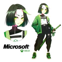 Rule 34 | 1girl, absurdres, bandaid, bandaid on face, belt, belt buckle, black pants, buckle, closed mouth, clothes writing, dark green hair, flat chest, full body, green eyes, green hair, green jacket, hand in pocket, highres, holding, holding sword, holding weapon, jacket, katana, leg belt, looking at viewer, looking to the side, microsoft, multicolored hair, multiple views, open mouth, original, pants, parted lips, personification, scabbard, sheath, shirt, shoes, short hair, shoulder belt, sidelocks, simple background, standing, sword, two-tone hair, upper body, v-shaped eyebrows, vinne, weapon, white background, white shirt, xbox one (personification)