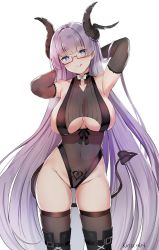 Rule 34 | 1girl, :p, alternate costume, areola slip, arms behind head, artist name, azur lane, bare shoulders, black footwear, black gloves, black leotard, black thighhighs, blush, boots, breasts, cleavage, clothing cutout, collarbone, covered navel, demon horns, demon tail, elbow gloves, glasses, gloves, gneisenau (azur lane), gneisenau (nightmarish succubus) (azur lane), halloween costume, head tilt, heart, heart-shaped pupils, highres, horns, kaetzchen, large breasts, leotard, long hair, pubic tattoo, purple hair, rectangular eyewear, see-through, signature, simple background, skindentation, solo, standing, symbol-shaped pupils, tail, tattoo, thigh boots, thighhighs, tongue, tongue out, underboob, underboob cutout, very long hair, white background