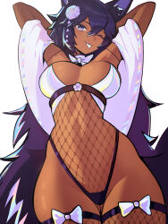 Rule 34 | 1girl, ;), ;p, animal ears, arms up, bow, bowtie, breasts, commentary, cowboy shot, dark skin, distr, english commentary, fishnets, fox ears, gluteal fold, groin, highres, large breasts, leotard, long hair, looking at viewer, one eye closed, original, purple bow, purple eyes, purple hair, simple background, smile, solo, standing, tongue, tongue out, very long hair, white background, white bow, white bowtie