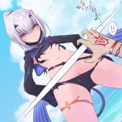 Rule 34 | 1boy, 1girl, absurdres, anger vein, angry, bikini, bikini pull, black bikini, blue sky, breasts, clitoris, clothes pull, cloud, command spell, daisi gi, dragon wings, fate/grand order, fate (series), from below, fujimaru ritsuka (male), grey hair, highres, long hair, looking at viewer, low wings, mask, mask pull, melusine (fate), melusine (swimsuit ruler) (fate), melusine (swimsuit ruler) (first ascension) (fate), mouth mask, navel, open mouth, outdoors, ponytail, pussy, pussy peek, shaded face, shrug (clothing), sky, small breasts, solo focus, stomach tattoo, swimsuit, tail, tattoo, thighlet, variant set, wings, yellow eyes