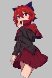 Rule 34 | 1girl, :/, black bow, black shirt, blue bow, bow, breasts, cape, cloak, cowboy shot, cropped legs, grey background, hair between eyes, hair bow, hand up, high collar, light blush, long sleeves, looking at viewer, miniskirt, pleated skirt, red cape, red eyes, red hair, red skirt, sekibanki, shirt, short hair, simple background, skirt, small breasts, solo, strangenovel, touhou