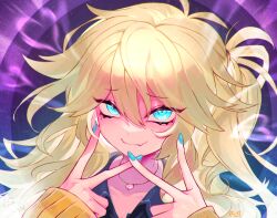 Rule 34 | 1girl, abstract background, antenna hair, black shirt, blonde hair, blue eyes, blue nails, blush, collarbone, commentary request, double v, evil smile, fang, furrowed brow, gradient background, hair between eyes, heart, highres, jewelry, kasukabe tsumugi, long hair, long sleeves, looking at viewer, magatama, magatama necklace, marutsubo, messy hair, necklace, one side up, portrait, purple background, sanpaku, shirt, signature, skin fang, sleeves past wrists, smile, solo, thick eyelashes, upturned eyes, v, voicevox