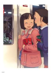 Rule 34 | 2girls, absurdres, bag, closed eyes, coat, highres, multiple girls, short hair, smile, takamichi, train, train interior, window