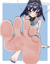 Rule 34 | 1girl, absurdres, barefoot, black hair, blue eyes, blush, ecchi-o, feet, highres, hololive, hololive english, looking at viewer, medium hair, ouro kronii, parted lips, pov, soles, toes, virtual youtuber