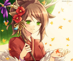 Rule 34 | 1girl, antlers, bad id, bad pixiv id, bracelet, brown hair, chisa, flower, green eyes, hair flower, hair ornament, horns, jewelry, kano (p&amp;d), long hair, oil-paper umbrella, ponytail, puzzle &amp; dragons, smile, solo, umbrella, upper body