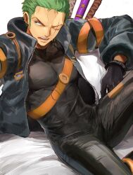 Rule 34 | 1boy, arm rest, arm up, black bodysuit, black gloves, black jacket, bodysuit, collared jacket, gloves, green hair, high collar, highres, jacket, leaning back, leaning to the side, long sleeves, looking to the side, male focus, oekakiboya, official alternate costume, one eye closed, one piece, open clothes, open jacket, open mouth, pectorals, revision, roronoa zoro, scar, scar across eye, short hair, sideburns, sitting, skin tight, solo, spoilers, spread legs, sword, toned, toned male, turtleneck, turtleneck bodysuit, unzipped, v-shaped eyebrows, weapon, weapon on back, zipper