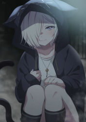 Rule 34 | 1girl, absurdres, animal hood, asymmetrical bangs, black jacket, black socks, blonde hair, blush, cat hood, cat tail, commentary request, hair over one eye, highres, hood, hood up, hooded jacket, jacket, jewelry, key, key necklace, kneehighs, long bangs, looking at viewer, love live!, love live! nijigasaki high school idol club, mia taylor, necklace, open clothes, open jacket, pukonuu, sad, short hair, socks, solo, squatting, tail, wide sleeves