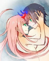 Rule 34 | 10s, 1boy, 1girl, black hair, blue horns, breasts, commentary request, couple, darling in the franxx, face-to-face, facing another, forehead-to-forehead, green eyes, hand on another&#039;s head, heads together, hetero, highres, hiro (darling in the franxx), horns, long hair, looking at another, medium breasts, night, night sky, oni horns, pink hair, red horns, short hair, sky, soranereco, star (sky), star (symbol), starry sky, topless male, zero two (darling in the franxx)