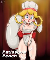 Rule 34 | 1girl, ananakawaii, apron, bare arms, bare legs, blonde hair, blue eyes, blush, bow, chef hat, cream, earrings, eyelashes, hat, highres, jewelry, legs, lips, lipstick, makeup, mario (series), naked apron, nintendo, patissiere peach, pink lips, princess peach, princess peach: showtime!, red bow, self-upload, sword, weapon