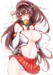 Rule 34 | 10s, 1girl, bad id, bad pixiv id, blush, breasts, brown hair, cameltoe, cherry blossoms, covered erect nipples, detached sleeves, flower, hair flower, hair ornament, kantai collection, large breasts, long hair, looking at viewer, miniskirt, navel, no bra, panties, pantyshot, personification, ponytail, skirt, smile, solo, suzuneko (yume no kyoukai), underwear, upskirt, very long hair, white panties, yamato (kancolle)