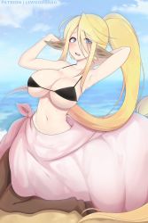 Rule 34 | 1girl, animal ears, armpits, arms up, beach, beach towel, bikini, bikini top only, blonde hair, blue eyes, breasts, centaur, centorea shianus, cleavage, embarrassed, highres, hooves, horse girl, horse tail, large breasts, lewdishsnail, looking at viewer, lying, monster girl, monster musume no iru nichijou, open mouth, pointy ears, solo, swimsuit, tail, taur, towel