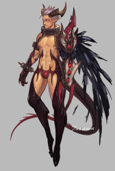 Rule 34 | 1boy, abs, armband, artist name, bara, biceps, chain, collar, crotch plate, crotchless, crotchless pants, demon horns, demon tail, demon wings, dungeon and fighter, facial tattoo, gauntlets, genderswap, genderswap (ftm), gloves, grey background, highres, horns, jin (sirius-j), large pectorals, leather, leather pants, male focus, manly, mature male, muscular, muscular male, pants, pectorals, purple hair, red eyes, smile, solo, spiked hair, tail, tattoo, topless male, wings