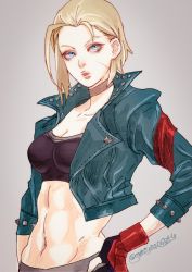 Rule 34 | 1girl, abs, ahoge, antenna hair, blonde hair, blue eyes, breasts, cammy white, capcom, highres, jacker, looking at viewer, navel, oyatsuredgray, scar, short hair, simple background, small breasts, solo, street fighter, street fighter 6