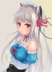 Rule 34 | 1girl, animal ears, blush, bow, breasts, cat ears, choker, closed mouth, grey hair, hair ornament, highres, long hair, looking at viewer, maid headdress, no pupils, nora cat, nora cat channel, parufeito, red bow, red eyes, red ribbon, ribbon, sidelocks, simple background, small breasts, smile, solo, virtual youtuber