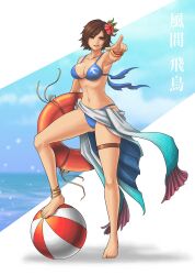 Rule 34 | 1girl, armpits, ball, barefoot, beachball, bikini, blue bikini, blue sky, breasts, brown eyes, brown hair, character name, cleavage, commentary, english commentary, fingernails, flower, full body, geoffrey daigon, grin, hair flower, hair ornament, highres, holding, holding swim ring, innertube, kazama asuka, large breasts, looking at viewer, navel, pointing, pointing at viewer, red flower, short hair, sky, smile, solo, standing, stomach, swim ring, swimsuit, teeth, tekken, thigh strap, toenails, toes, tomboy