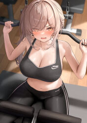 Rule 34 | 1girl, bare arms, bare shoulders, black pants, black sports bra, blush, brand name imitation, breasts, brown eyes, brown hair, cleavage, collarbone, commentary, eyes visible through hair, fang, from above, highres, indoors, large breasts, long hair, looking at viewer, midriff, monaka curl, navel, nike (company), open mouth, original, pants, side ponytail, sitting, solo, sports bra, sweat, thighs, wooden floor, yellow eyes, yoga pants
