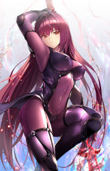 Rule 34 | 1girl, armor, aura, bad id, bad pixiv id, bodysuit, breasts, commentary request, covered navel, elbow gloves, fate/grand order, fate (series), gae bolg (fate), gauntlets, gloves, hair intakes, highres, holding, holding weapon, large breasts, leotard, long hair, multicolored background, pauldrons, polearm, purple bodysuit, purple hair, purple leotard, red eyes, scathach (fate), shin guards, shoulder armor, sidelocks, skindentation, suishougensou, thighhighs, weapon