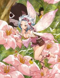 Rule 34 | 1girl, 2boys, bag, barefoot, black hair, blue hair, blush, breasts, brown eyes, cat, cleavage, detached sleeves, dress, droy (fairy tail), fairy, fairy tail, fairy wings, feet, flower, gajeel redfox, hairband, headband, highres, jet (fairy tail), jewelry, levy mcgarden, mini person, miniboy, minigirl, multiple boys, necklace, pantherlily, pendant, rose, rusky, scar, wings