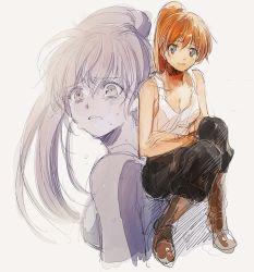 Rule 34 | 1girl, aoki (fumomo), boots, breasts, cleavage, crossed arms, crying, crying with eyes open, full metal panic!, grey eyes, long hair, looking at viewer, medium breasts, multiple views, nami (full metal panic!), orange hair, pants, ponytail, simple background, sketch, tank top, tears, white background