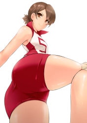 Rule 34 | 10s, 1girl, ass, bare shoulders, brown eyes, brown hair, commentary request, from below, girls und panzer, gym uniform, hassen (8cm), kawanishi shinobu, looking back, ponytail, red shorts, short hair, short ponytail, shorts, simple background, sleeveless, smile, solo, sportswear, thighs, volleyball uniform, white background