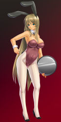 Rule 34 | 1girl, animal ears, bare shoulders, blonde hair, blue eyes, breasts, cleavage, covered erect nipples, cuffs, detached collar, fake animal ears, green eyes, hayama kazusa, high heels, highres, large breasts, leotard, long hair, navel, necktie, original, pantyhose, playboy bunny, rabbit ears, rabbit tail, shoes, solo, tail, tray, very long hair, white pantyhose, wrist cuffs