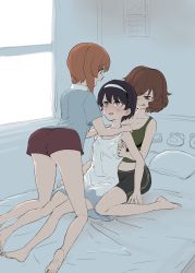 Rule 34 | 10s, 3girls, :p, akiyama yukari, alternate hair length, alternate hairstyle, aomushi (mushamusha), barefoot, bed, bedroom, bike shorts, black shorts, blue shirt, breasts, brown eyes, brown hair, brown shirt, collared shirt, constricted pupils, double vertical stripe, dress, female focus, girls und panzer, groping, hands on another&#039;s shoulders, highres, hug, hug from behind, indoors, kneeling, looking at another, messy hair, multiple girls, nishizumi miho, open mouth, parted lips, reizei mako, shirt, short dress, short hair, short shorts, shorts, sitting, sketch, small breasts, smile, tank top, tongue, tongue out, wariza, wavy mouth, white dress, window, yuri