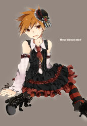 Rule 34 | 1boy, belt, blue oak, blush, boots, brown eyes, brown hair, clothes, creatures (company), crossdressing, detached sleeves, english text, fang, frown, game freak, gothic lolita, gradient background, hat, henachoko, highres, image sample, lolita fashion, male focus, necktie, nintendo, open mouth, pixiv sample, pokemon, resized, short hair, sitting, solo, striped clothes, striped thighhighs, text focus, thighhighs, trap