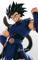 Rule 34 | 1boy, absurdres, armor, black eyes, black hair, blue wristband, clenched hand, dragon ball legends, hand on own hip, highres, looking at viewer, male focus, monkey tail, muscular, muscular male, relio db318, saiyan, saiyan armor, shallot (dragon ball), simple background, smile, solo, spiked hair, standing, tail, twitter username, white background