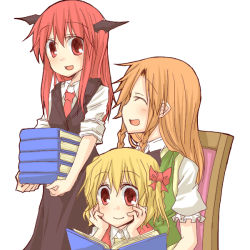 Rule 34 | 3girls, :d, ^ ^, bat wings, blonde hair, blush, book, bow, braid, brown hair, carrying, chair, china dress, chinese clothes, closed eyes, dress, dress shirt, embodiment of scarlet devil, female focus, flandre scarlet, hair bow, hands on own cheeks, hands on own face, happy, head rest, head wings, hong meiling, koakuma, long hair, multiple girls, natsuk, necktie, no headwear, open book, open mouth, reading, red eyes, red hair, red necktie, shirt, side ponytail, simple background, sitting, sitting on lap, sitting on person, smile, touhou, twin braids, vest, white background, wings