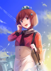 Rule 34 | 1girl, blue sky, brown eyes, brown hair, brown neckerchief, cloud, commentary request, contrail, cowboy shot, dress, grey sailor collar, hair ornament, hairclip, headgear, kantai collection, looking at viewer, machinery, neckerchief, open mouth, red shirt, sailor collar, sailor shirt, sanyou, shirt, short hair, sky, smile, solo, tan yang (kancolle), white dress, yukikaze (kancolle)