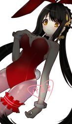 Rule 34 | 1girl, 2200659903 rika, ara haan, bad id, bad pixiv id, bare shoulders, black hair, blush, breasts, cleavage, earrings, elsword, fake tail, from below, hair ornament, hair ribbon, highres, jewelry, large breasts, leotard, long hair, looking at viewer, parted lips, playboy bunny, rabbit hair ornament, rabbit tail, red leotard, ribbon, solo, strapless, strapless leotard, tail, very long hair, white background, yellow eyes