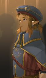 Rule 34 | 1boy, blue eyes, blue hat, brown background, closed mouth, earrings, from side, hair ornament, hat, highres, jewelry, lavabun, link, long sleeves, male focus, nintendo, pointy ears, ponytail, royal guard set (zelda), solo, the legend of zelda, the legend of zelda: breath of the wild, triforce, triforce print