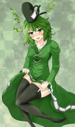 Rule 34 | 1girl, amputee, black thighhighs, blush, breasts, checkered background, clothes lift, collarbone, double amputee, dress, dress lift, electricity, green background, green dress, green eyes, green hair, hat, highres, long sleeves, matching hair/eyes, migi ma hidari, open mouth, short hair, soga no tojiko, solo, tate eboshi, thighhighs, thighhighs pull, touhou