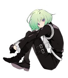 Rule 34 | 1boy, androgynous, ascot, belt, black footwear, black gloves, black jacket, black legwear, blunt bangs, boots, closed mouth, colored eyelashes, commentary, crossed legs, dot nose, expressionless, eyes visible through hair, full body, gloves, green hair, head tilt, heridy, highres, jacket, knees to chest, lio fotia, long sleeves, looking at viewer, male focus, outstretched arms, promare, purple eyes, simple background, sitting, thigh strap, v-shaped eyebrows, white ascot, white background, wide sleeves